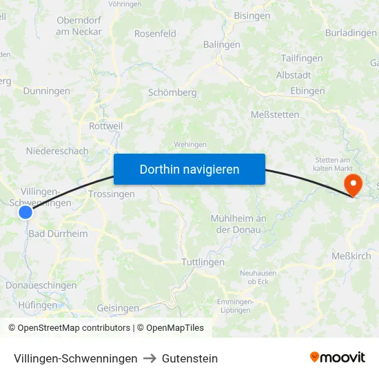 Villingen-Schwenningen to Gutenstein map