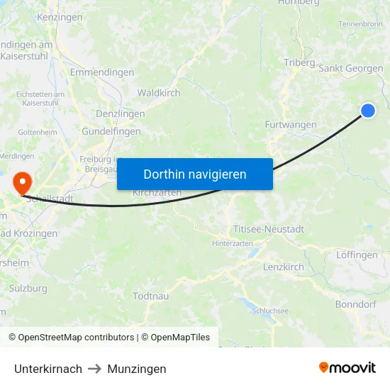 Unterkirnach to Munzingen map