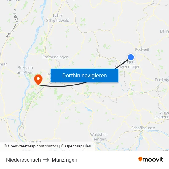Niedereschach to Munzingen map