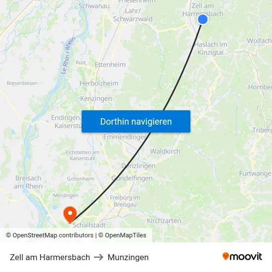 Zell am Harmersbach to Munzingen map