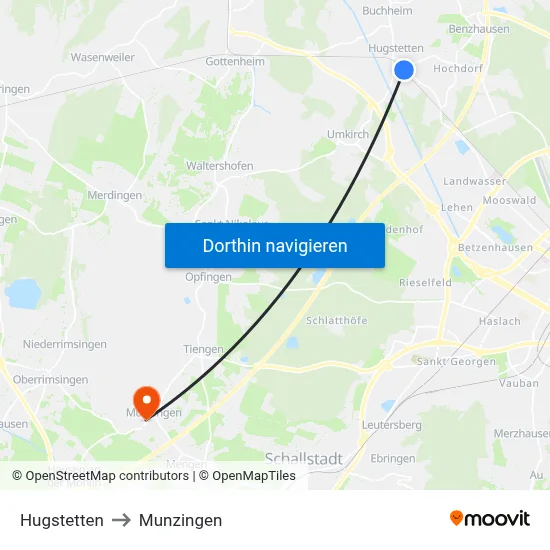 Hugstetten to Munzingen map
