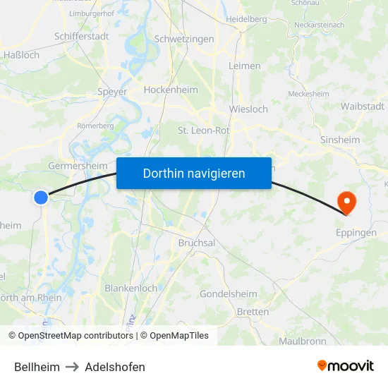 Bellheim to Adelshofen map