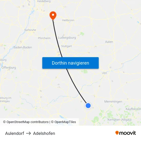 Aulendorf to Adelshofen map