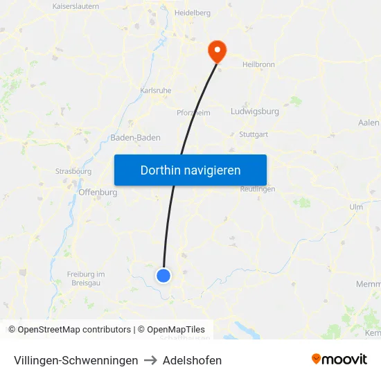 Villingen-Schwenningen to Adelshofen map
