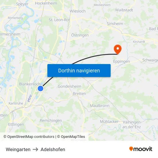 Weingarten to Adelshofen map