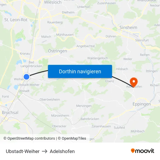 Ubstadt-Weiher to Adelshofen map
