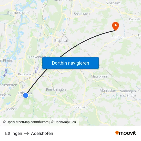 Ettlingen to Adelshofen map