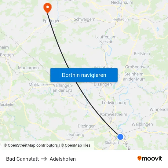 Bad Cannstatt to Adelshofen map