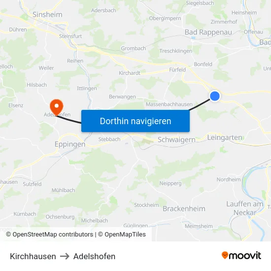 Kirchhausen to Adelshofen map