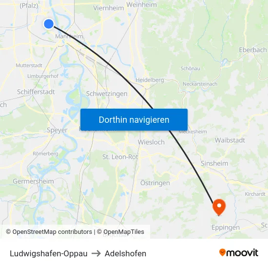Ludwigshafen-Oppau to Adelshofen map