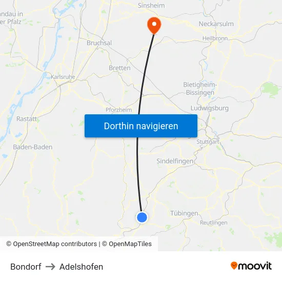 Bondorf to Adelshofen map