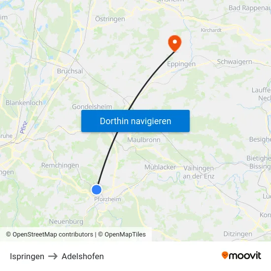 Ispringen to Adelshofen map