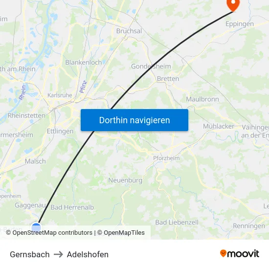 Gernsbach to Adelshofen map