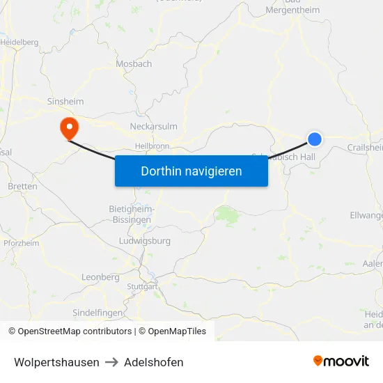 Wolpertshausen to Adelshofen map