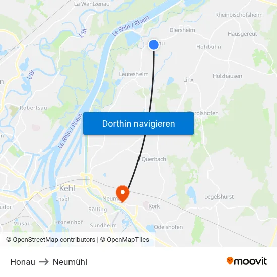 Honau to Neumühl map