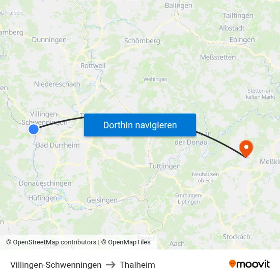 Villingen-Schwenningen to Thalheim map