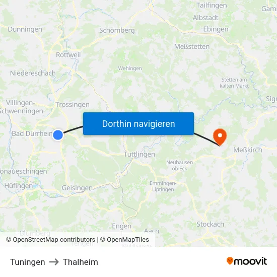 Tuningen to Thalheim map