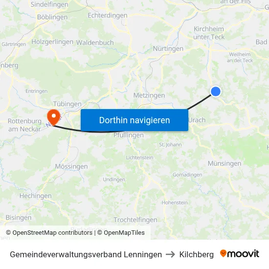 Gemeindeverwaltungsverband Lenningen to Kilchberg map