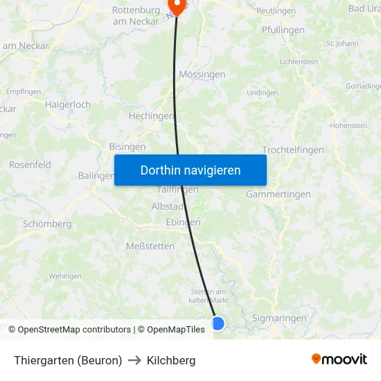 Thiergarten (Beuron) to Kilchberg map