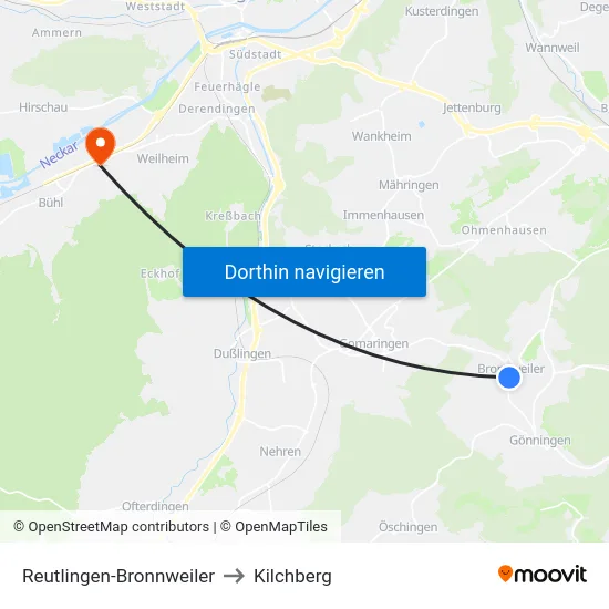 Reutlingen-Bronnweiler to Kilchberg map