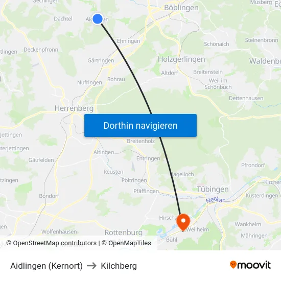 Aidlingen (Kernort) to Kilchberg map