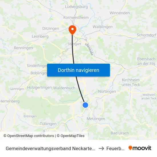 Gemeindeverwaltungsverband Neckartenzlingen to Feuerbach map