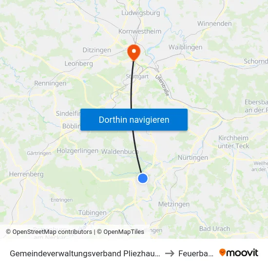 Gemeindeverwaltungsverband Pliezhausen to Feuerbach map