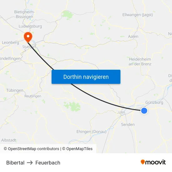 Bibertal to Feuerbach map