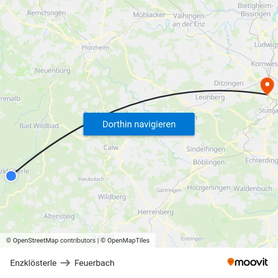 Enzklösterle to Feuerbach map