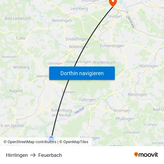 Hirrlingen to Feuerbach map