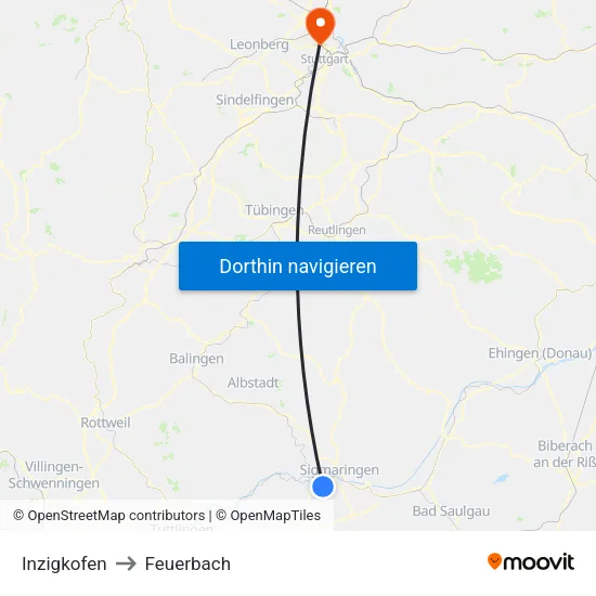 Inzigkofen to Feuerbach map
