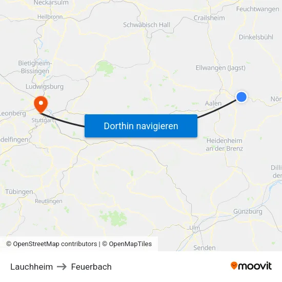 Lauchheim to Feuerbach map