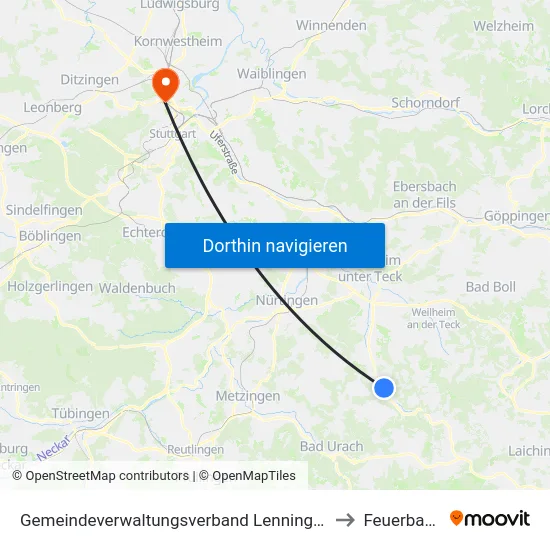 Gemeindeverwaltungsverband Lenningen to Feuerbach map