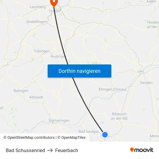 Bad Schussenried to Feuerbach map