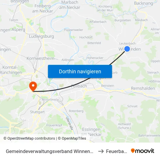 Gemeindeverwaltungsverband Winnenden to Feuerbach map
