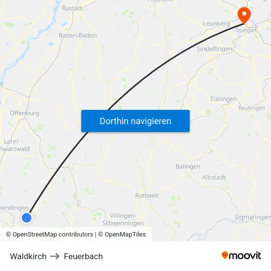 Waldkirch to Feuerbach map
