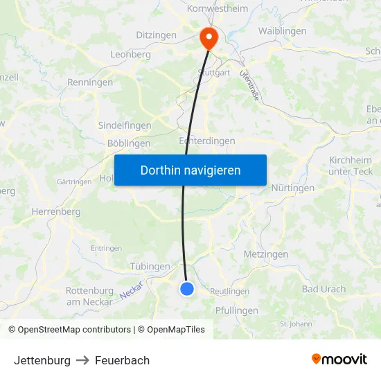 Jettenburg to Feuerbach map