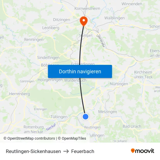 Reutlingen-Sickenhausen to Feuerbach map