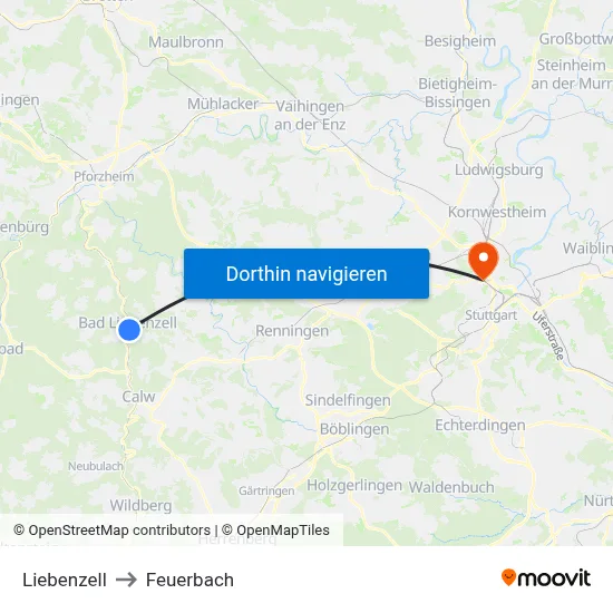 Liebenzell to Feuerbach map
