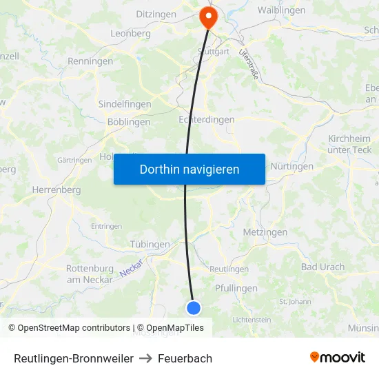 Reutlingen-Bronnweiler to Feuerbach map