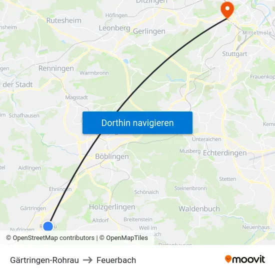 Gärtringen-Rohrau to Feuerbach map