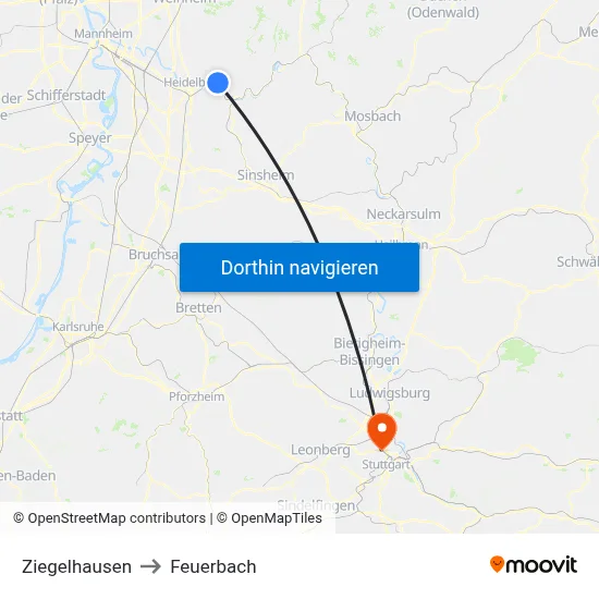 Ziegelhausen to Feuerbach map