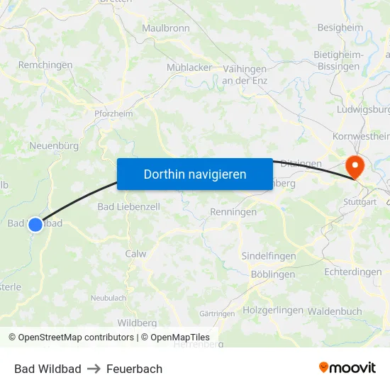 Bad Wildbad to Feuerbach map