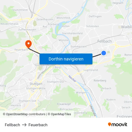 Fellbach to Feuerbach map