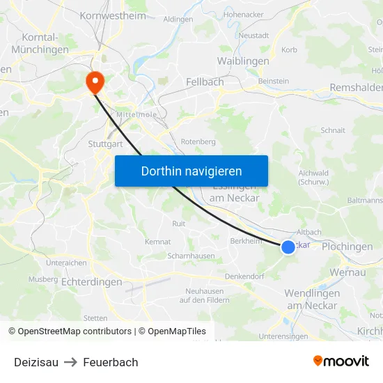 Deizisau to Feuerbach map