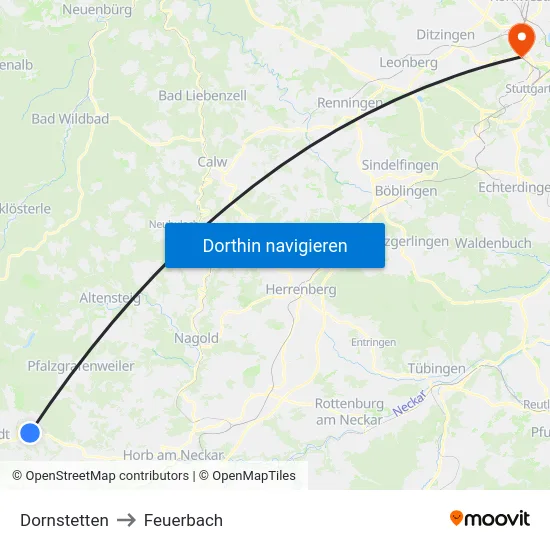 Dornstetten to Feuerbach map