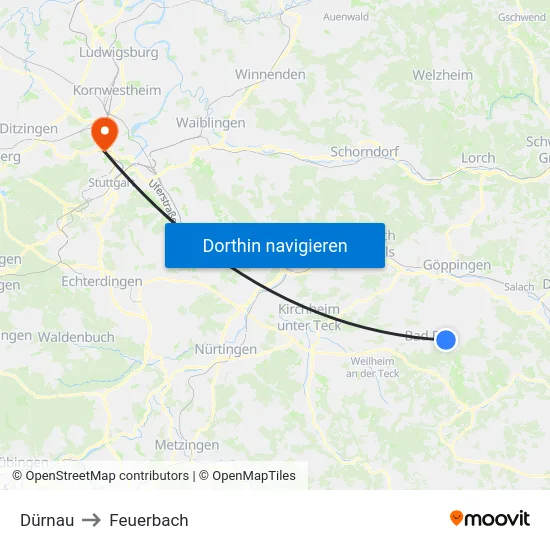 Dürnau to Feuerbach map