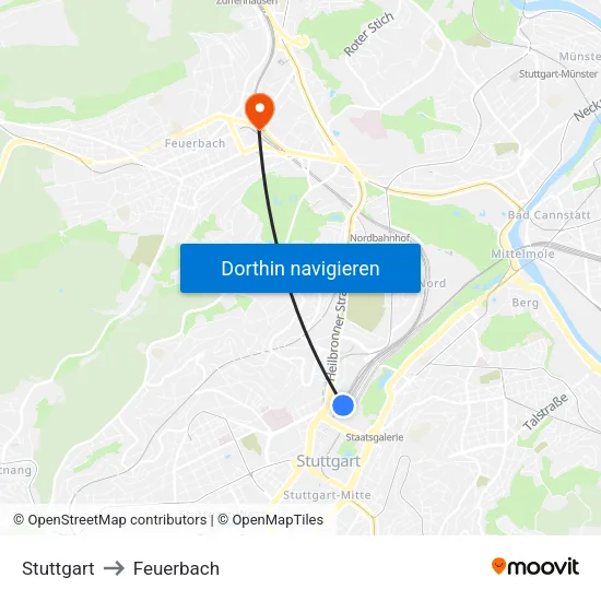 Stuttgart to Feuerbach map