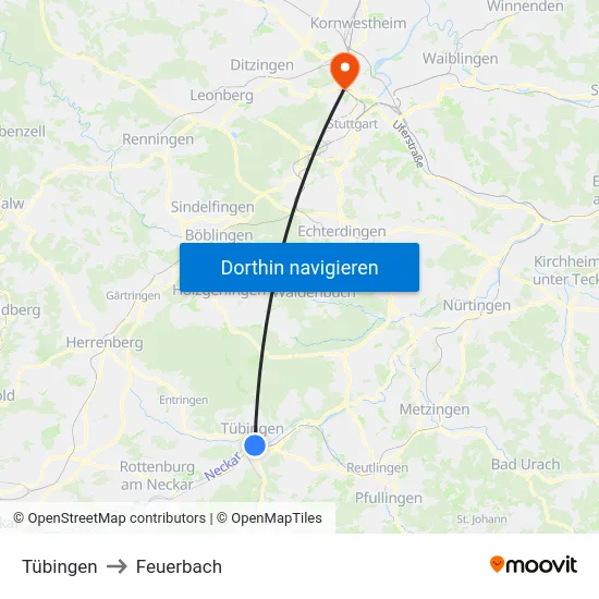 Tübingen to Feuerbach map
