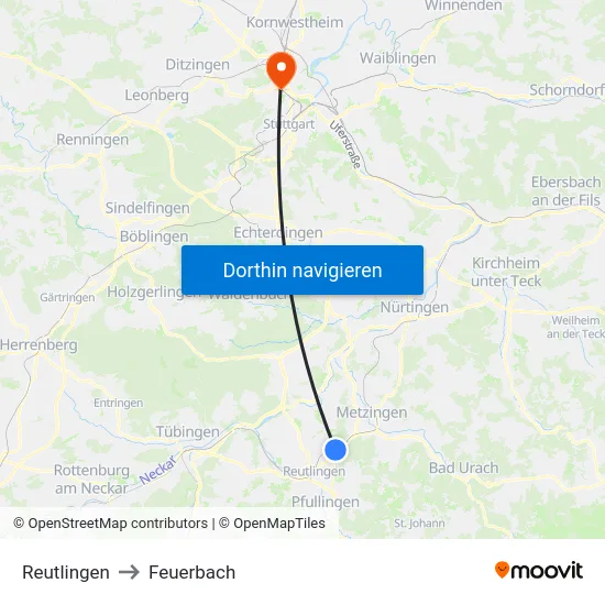 Reutlingen to Feuerbach map